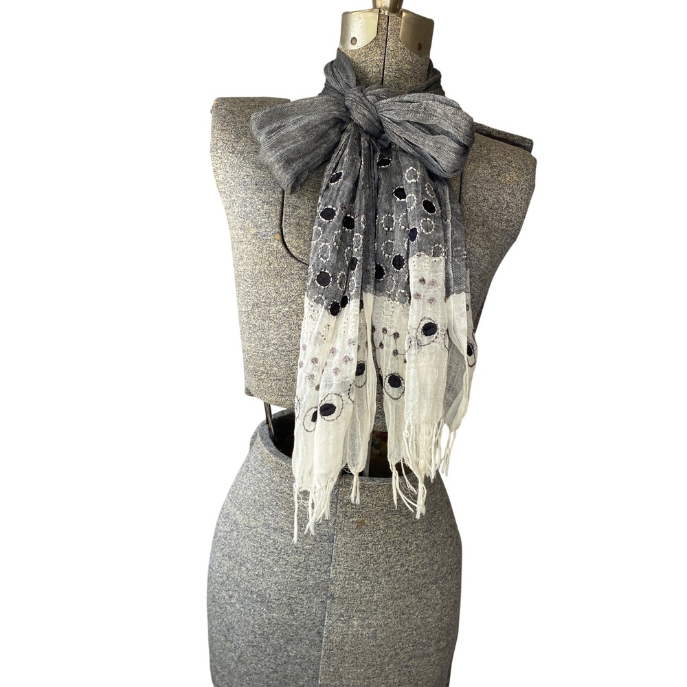 Grey White Eyelet Embroidered Fringe Oblong Scarf Lightweight Boho Wrap